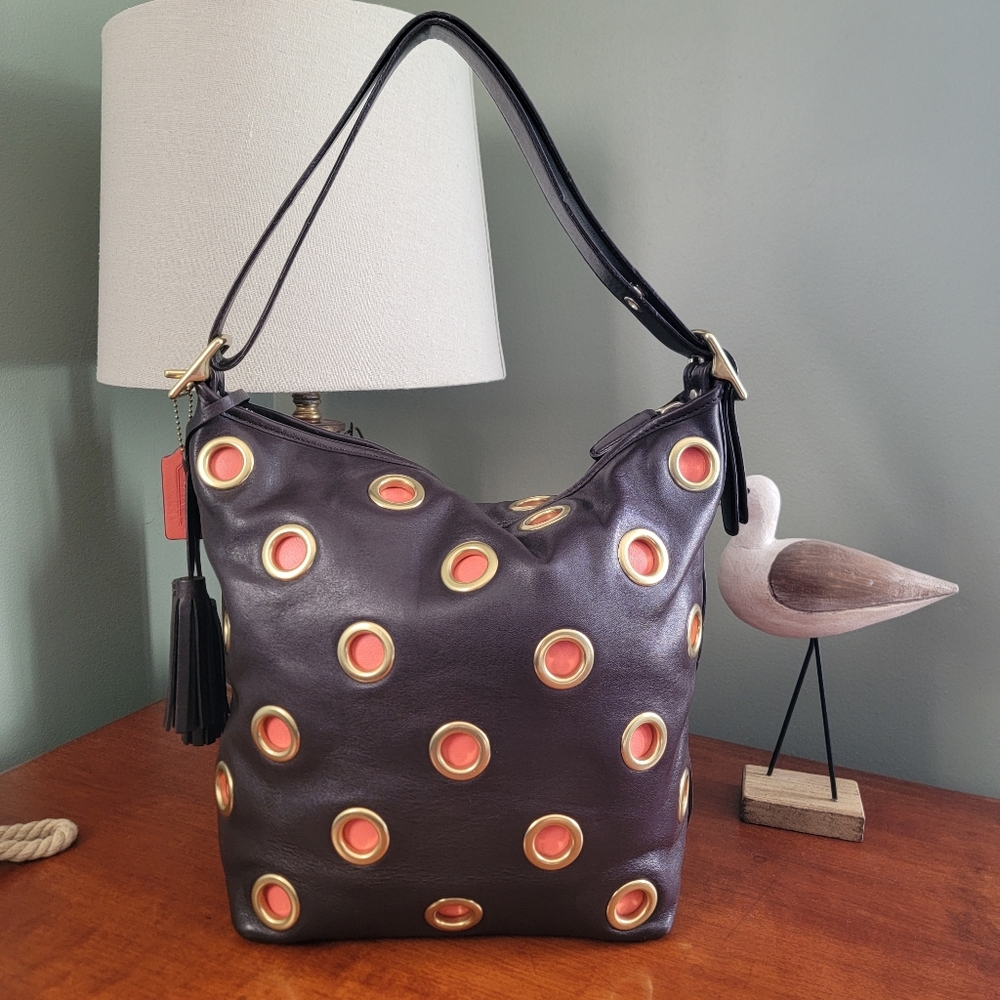 Coach 21181 Legacy Grommet Duffle Brown Orange Leather Shoulder Bag Y2K - Picture 3 of 16